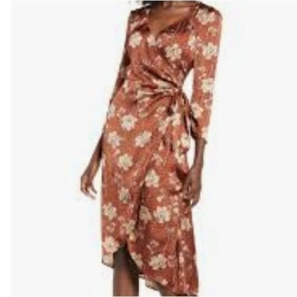 Leith Brown animal print floral boho wrap midi party women dress S Cottage Core - Picture 12 of 12